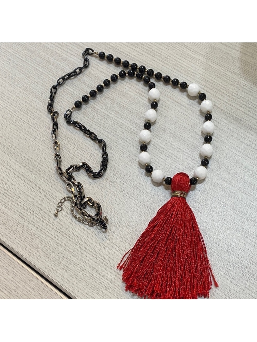 Red and Black Beaded Long Necklace with Red Tassel